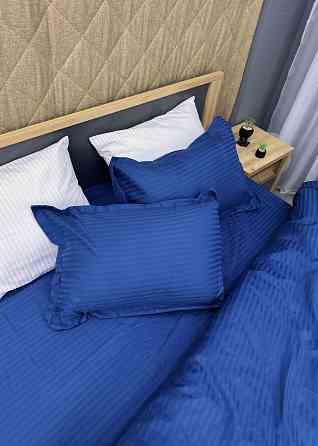Комплект постельного белья Страйп-сатин Двуспальный 180х220 с простыней на резинке Синий (88-090) Киев