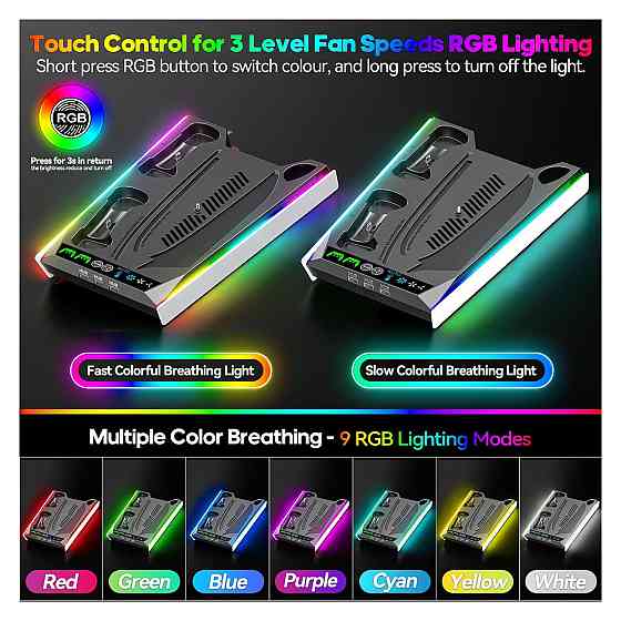 Підставка для PS5 охолоджувальна станція Rysker сумісна з PS5 PS5 Slim PS5 Pro біло чорна пластик RGB LED 3 USB порти 3 швидкості Київ