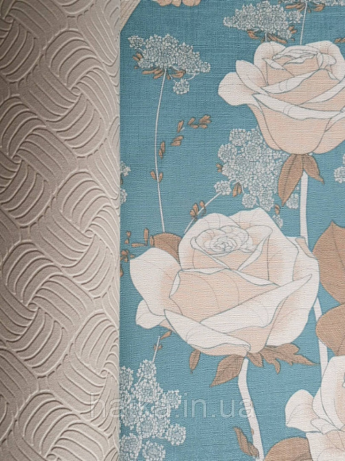 Шпалери вінілові Lutece Melody 0.53х10 для дитячої квіти листя білі бежеві коричневі на бірюзовому тлі Київ - photo 4