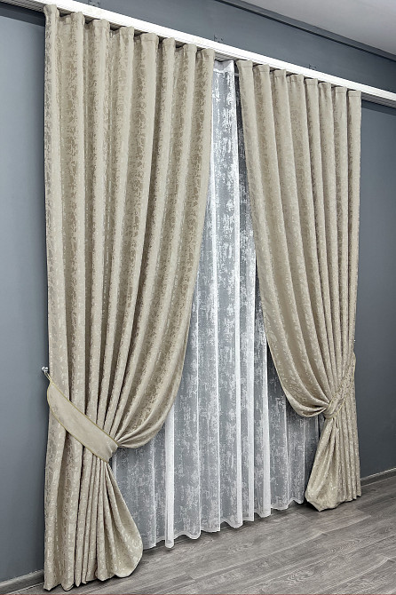 Комплект штор VR-Textil Льон Мармур 200х270 2шт і Тюль 500х270 1272ш-1400т Теплий бежевий з білим 71-135/6 Київ - фото 2