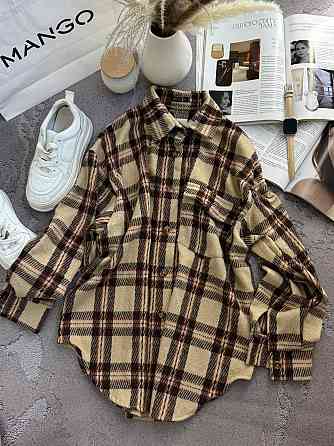 Жіноча тепла оверсайз сорочка в клітинку на ґудзиках кашемір Мокко Одеса