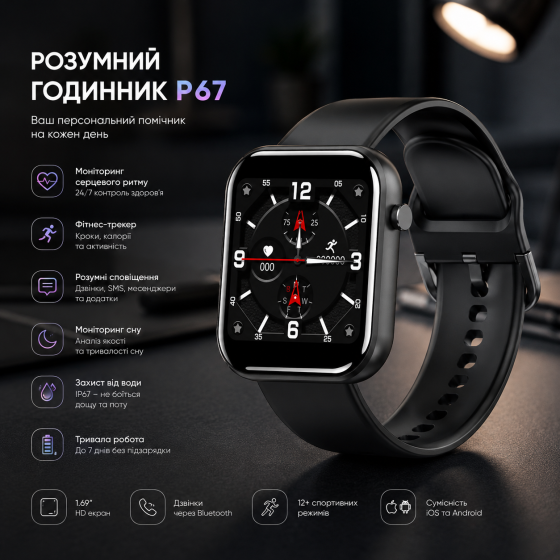 Розумний годинник P67 Smartwatch: Фітнес-трекер з моніторингом серцевого ритму, Сірий (Уцінка) Київ