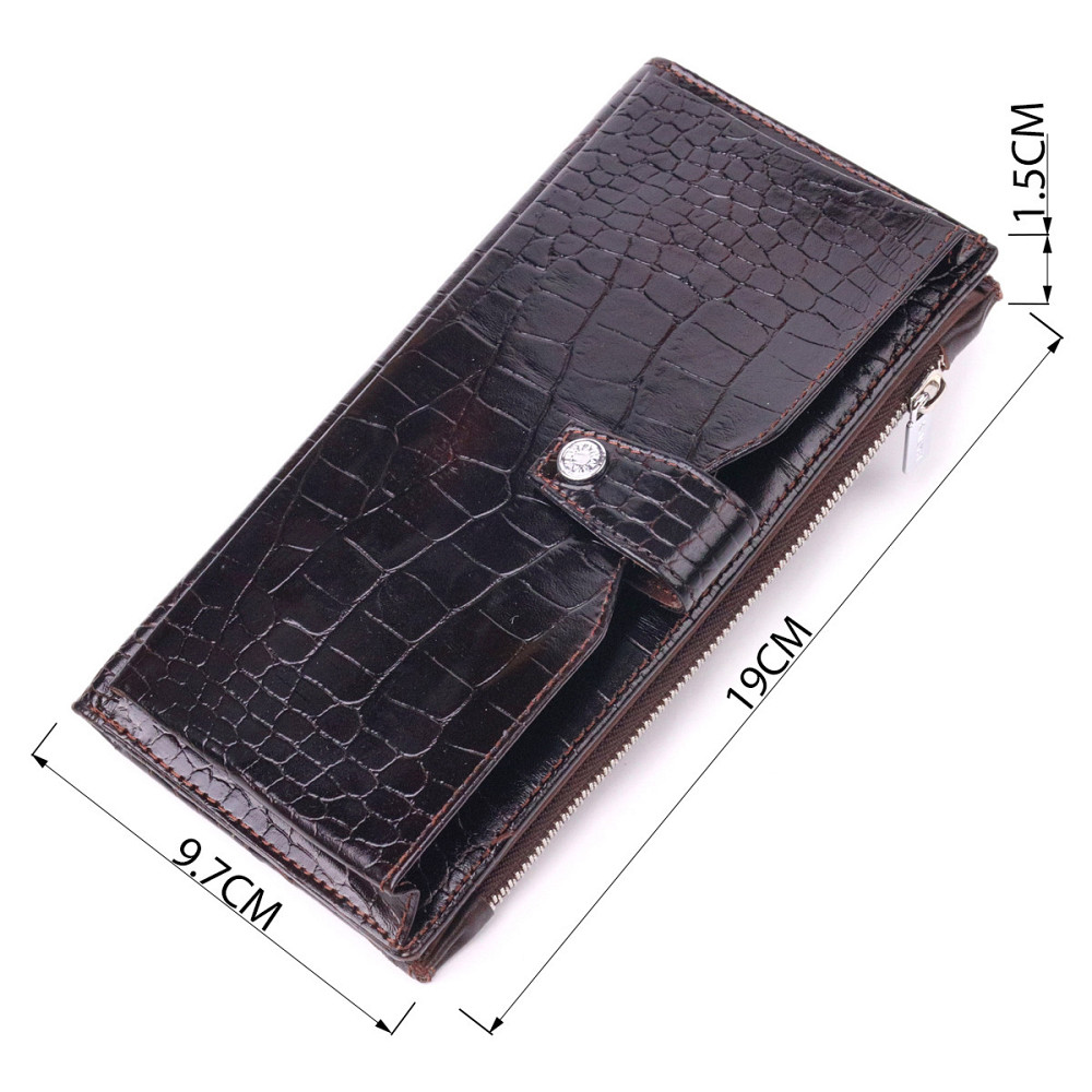 Лаковане вертикальне чоловіче портмоне з натуральної шкіри з тисненням під крокодила Коричневий (KARYA) Київ - фото 7