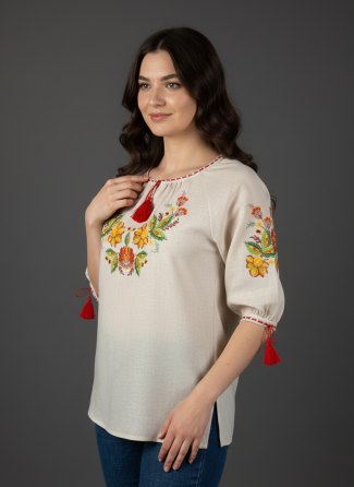 Лляна вишиванка з Петриківським розписом в насичених кольорах Київ