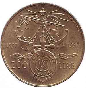100 років Італійської морський лізі. Монета 200 лір. 1997 рік, Італія. Полтава
