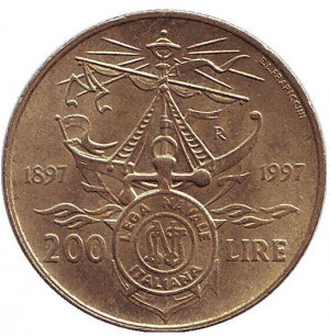 100 років Італійської морський лізі. Монета 200 лір. 1997 рік, Італія. Полтава - фото 1