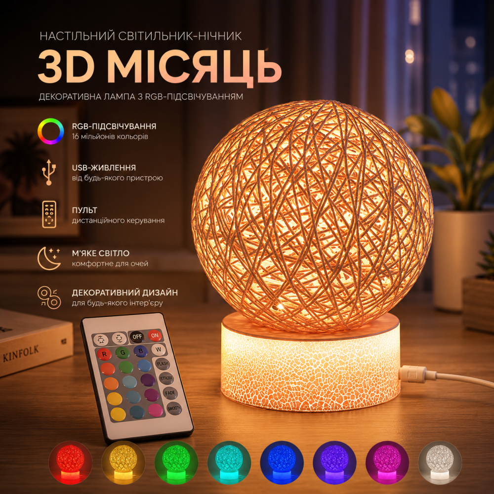 Світильник-нічник настільний 3D Місяць, декоративна настільна лампа, USB, RGB-підсвічування, з пультом дистанційного керування Київ - фото 4