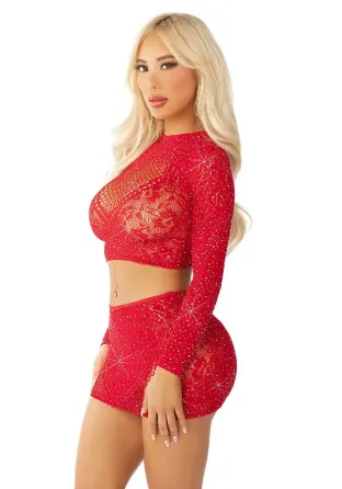 Комплект Leg Avenue Rhinestone Crop Top and Mini Skirt One Size, Red Львів