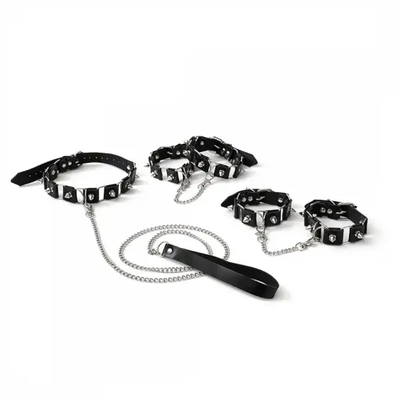 Бондажний набір: нашийник з повідцем, наручники та поножі Art of Sex - Cassandra, колір чорний Львів