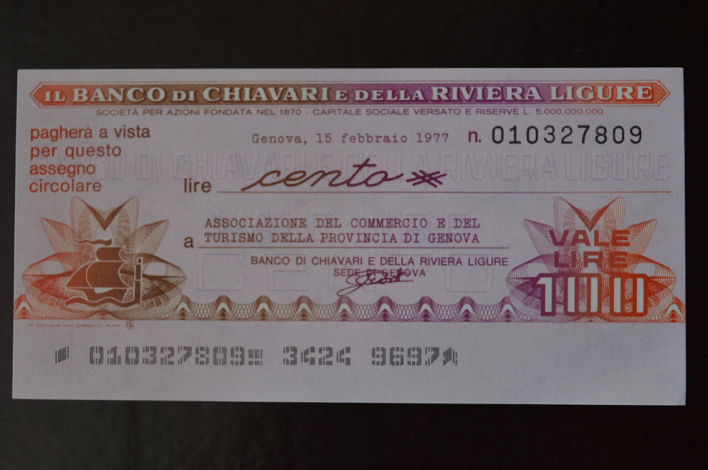Чек. Италия 100 Лир 1977год (ЧК-1) ЛОТ 30 Полтава - изображение 1