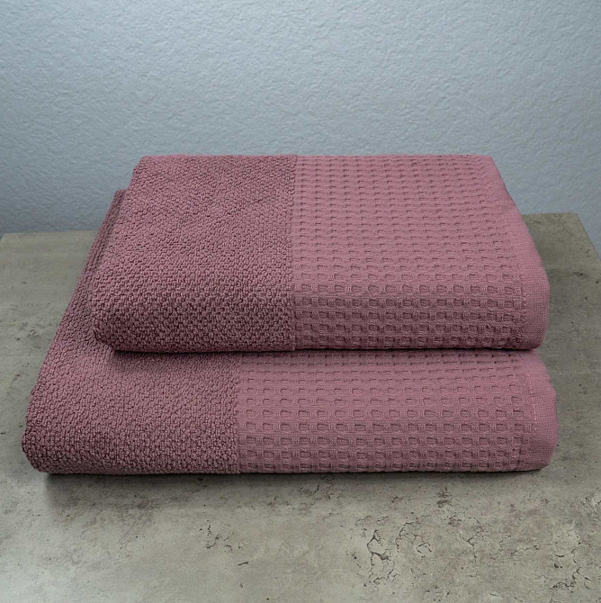 Комплект махрових рушників Вафельний Бордюр 2шт GM Textile 50х90см, 70х140см 450г/м2 (Виноград) Суми - фото 1