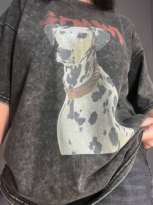 Футболка жіноча E-F 8089 варена тай дай оверсайз з малюнком собаки далматинець темно сіра, темно-сірий, 48 Київ - фото 18
