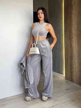 Жіночий прогулянковий костюм-трійка: худі топ і штани велюр плюш Сірий, 44/46 Одеса