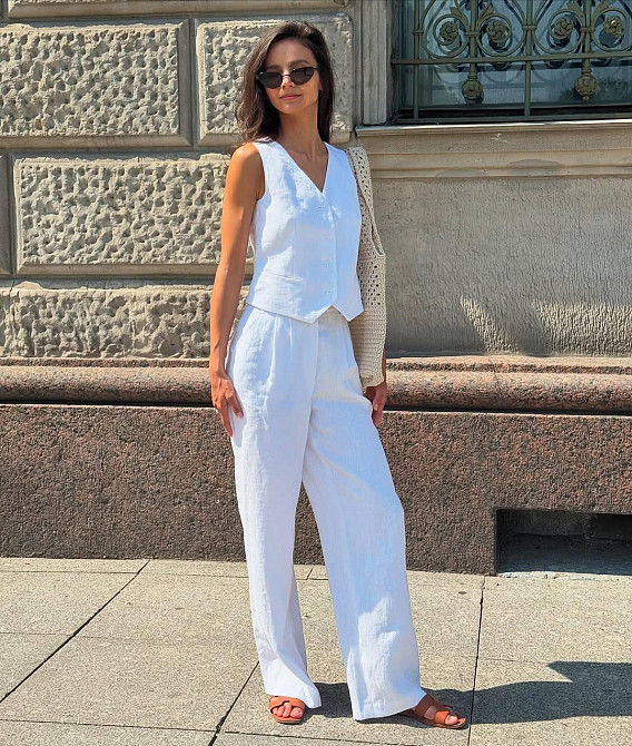 Женский стильный летний костюм двойка лён Белый, 48/50 Одесса - изображение 1