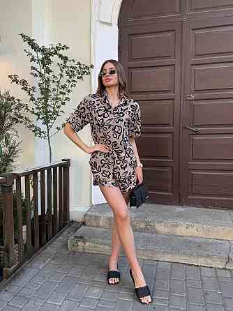 Женский легкий принтованный костюм двойка: рубашка и шорты турецкая креп-жатка Бежевый, 46 Одесса