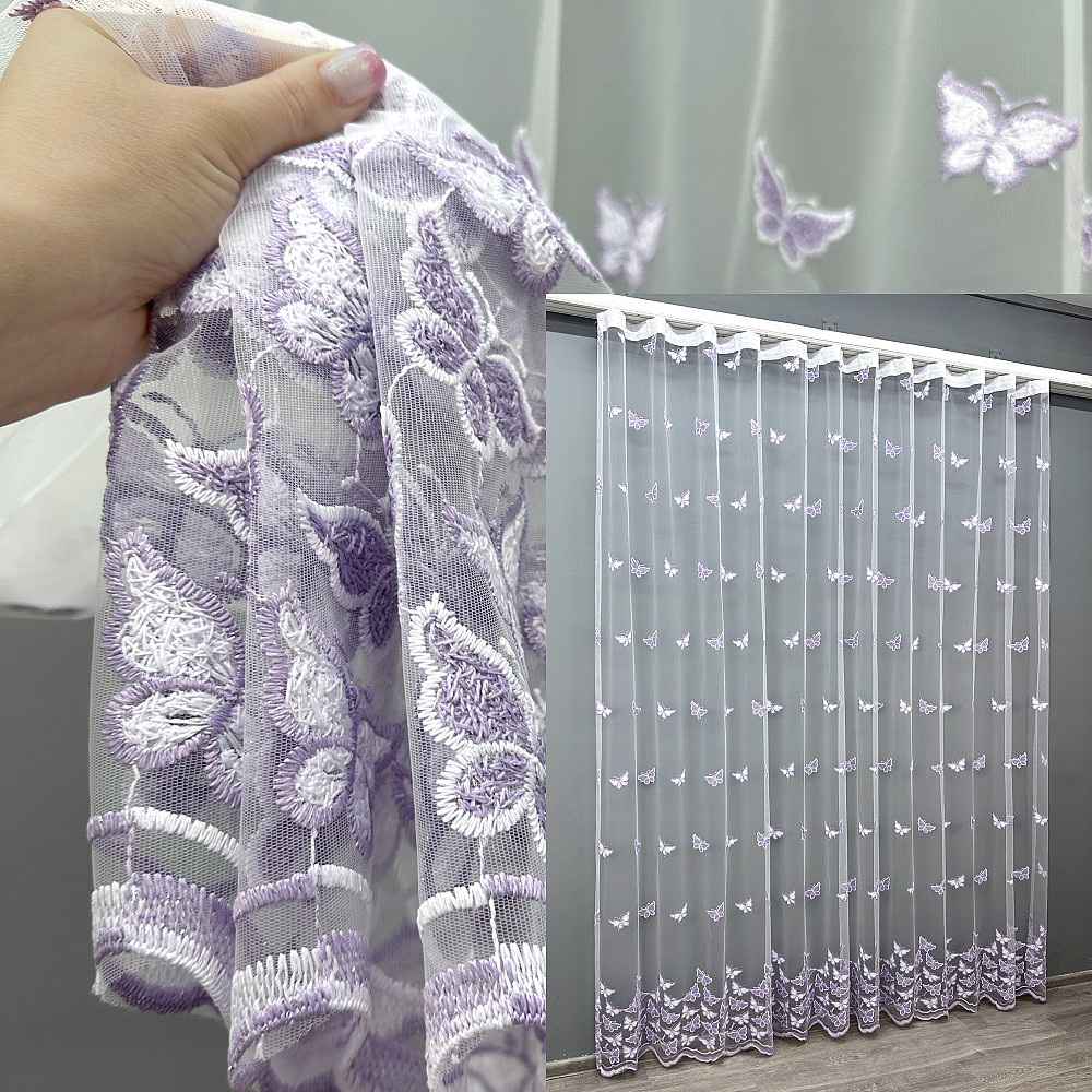 Тюль VR-Textil 1741т Фатин "Метелики" з вишивкою та люрексом Бузковий з білим 200х270 см (42-1108) Київ - фото 1