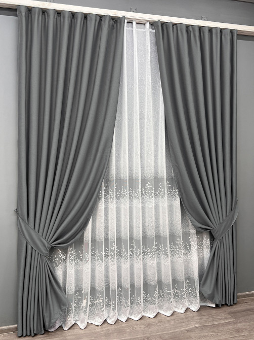 Комплект штор VR-Textil Шеніл 100х270 2шт і Тюль 300х270 1592ш-1680т Сірий з білим 71-195/1 Київ - фото 10