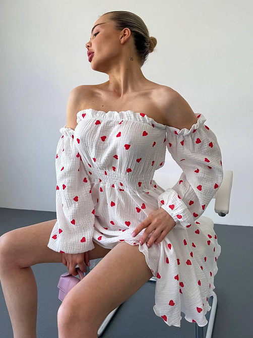 Жіноча романтична міні сукня у сердечки з відкритими плечами муслін 100% бавовна Одеса - фото 9