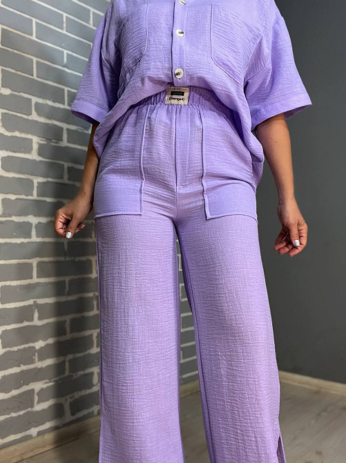 Костюм женский Mix Ray 4157 рубашка оверсайз брюки с разрезами побокам ровные от бедра сиреневый, сиреневый, L Киев - изображение 8