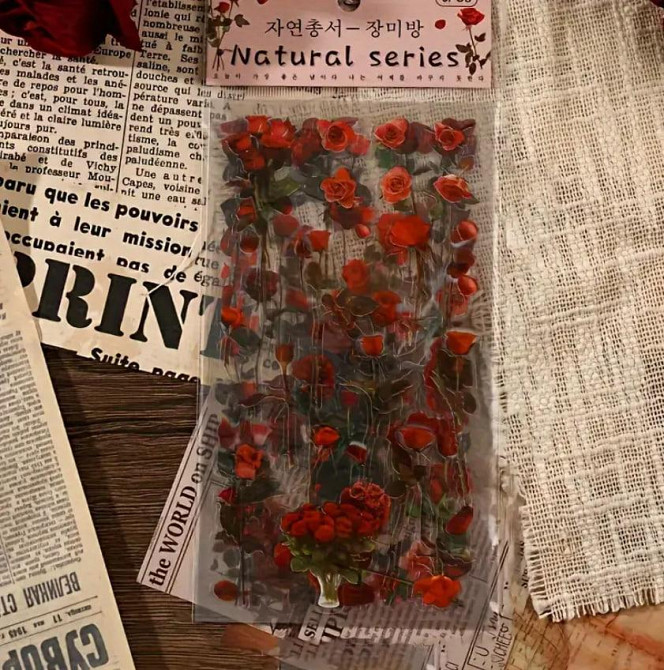 Глянцевые наклейки с красными розами, 6 листов, самоклеящиеся ПВХ-стикеры с блестящим покрытием для  Киев - изображение 2