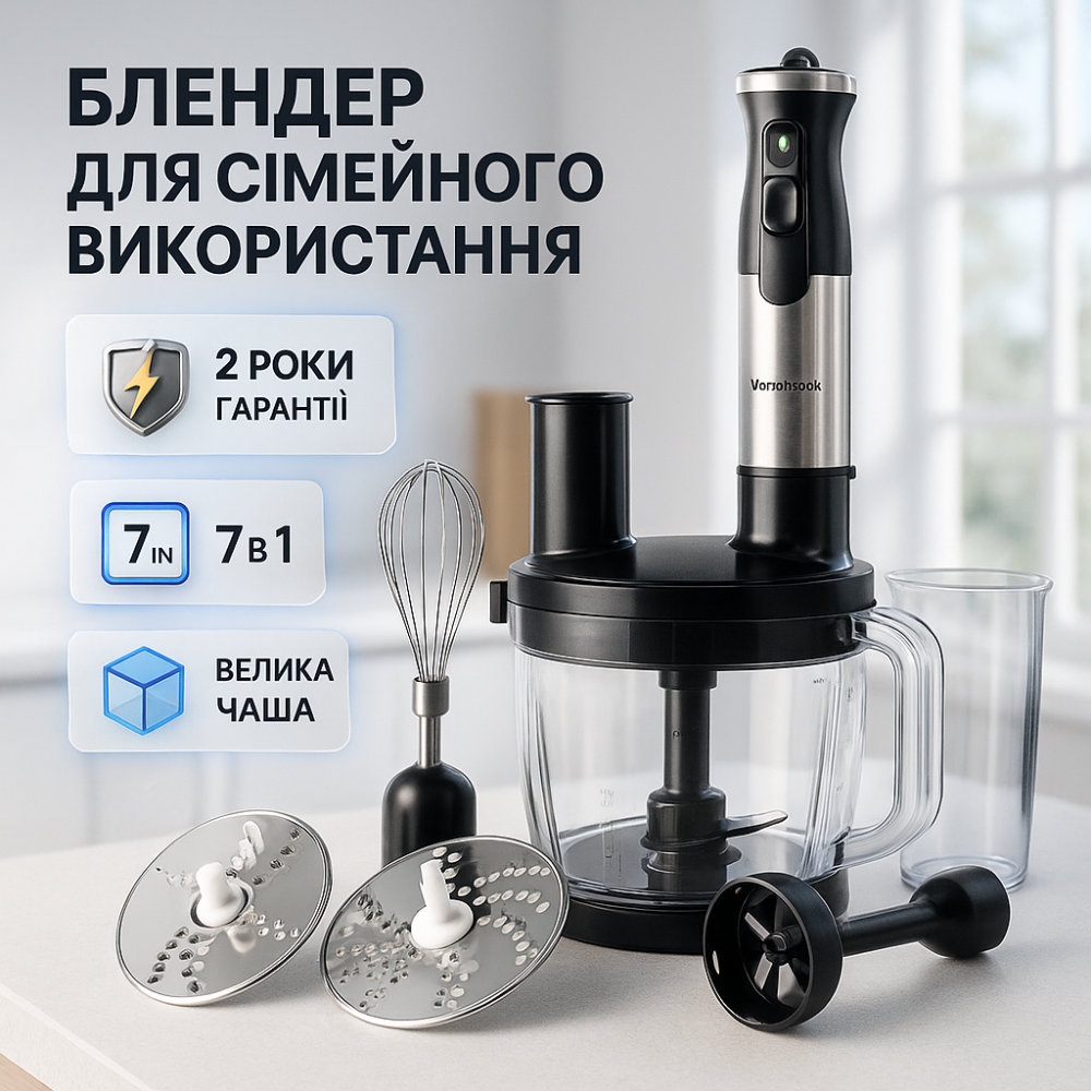 Погружной блендер для овощей Vilgrand VBH12071, 7 в 1, 1200 Вт, Блендер-комбайн с насадками JK-52 Львов - изображение 3