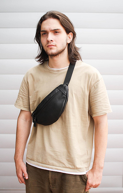 Чоловіча бананка, шкіряна сумка на пояс SL001 (Чорна) Суми - фото 4