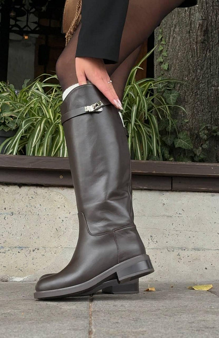 Жіночі шкіряні чоботи на низькому ходу зимові шоколадні, наповнювач євро-хутро (6160) / Чоботи Коломия - фото 1