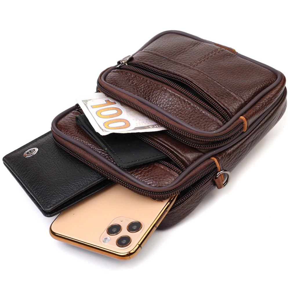 Компактная сумка мужская на пояс из натуральной кожи Коричневая (Vintage) Киев - изображение 1