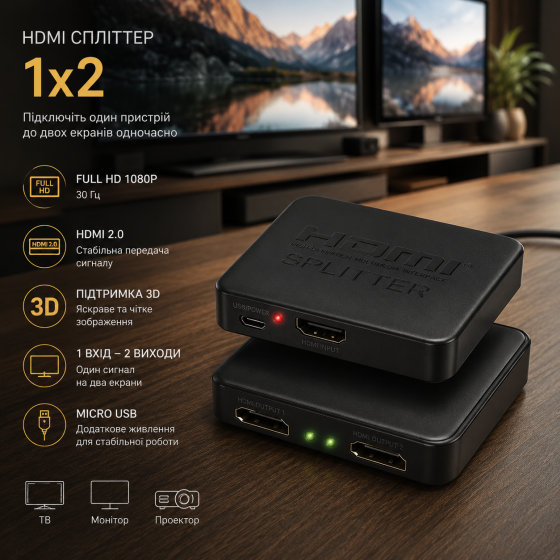HDMI сплиттер PowerPlant 1x2, Full HD 1080P 30 Гц, HDMI 2.0, 3D, разветвитель на 2 экрана, Micro USB Киев