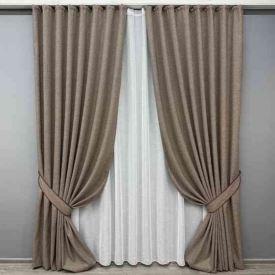 Комплект штор VR-Textil льон преміум ELEMENTA 100х270 2шт і Тюль 300х270 1864ш-115т сіро-коричневий з білим 71-070/1 Київ