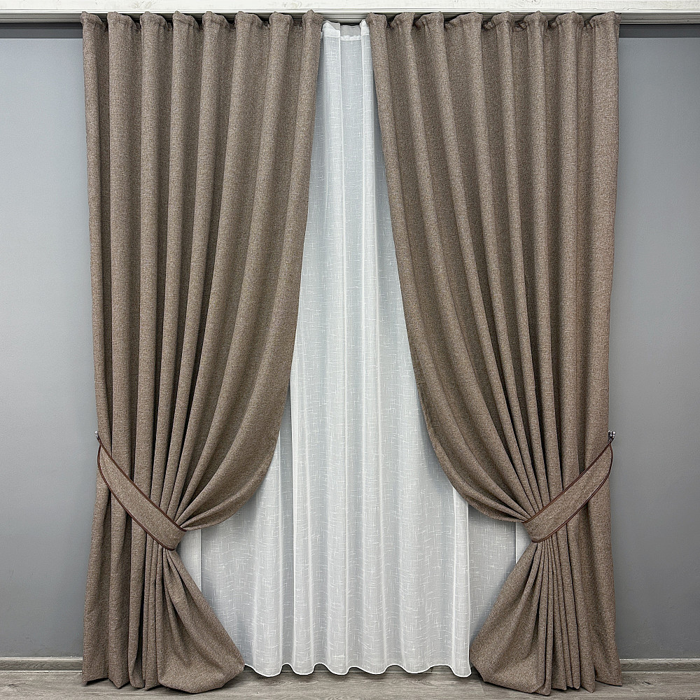 Комплект штор VR-Textil льон преміум ELEMENTA 100х270 2шт і Тюль 300х270 1864ш-115т сіро-коричневий з білим 71-070/1 Київ - фото 1