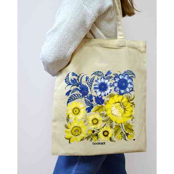 Екошопер BookOpt BK4004 Петриківський розпис Синьо-жовті квіти бежевий Киев