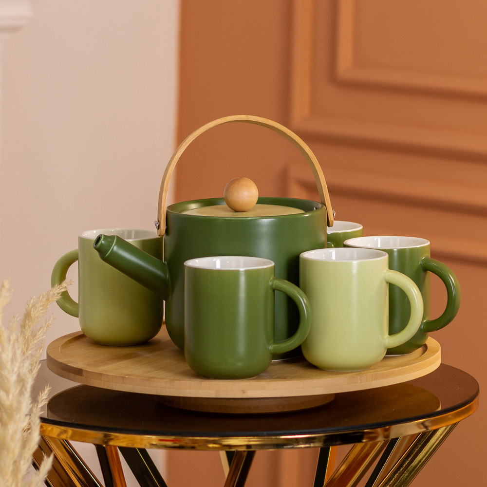 Чайний сервіз на 6 персон з бамбуковою обертовою підставкою, зелений HP-15-23 Київ - фото 9