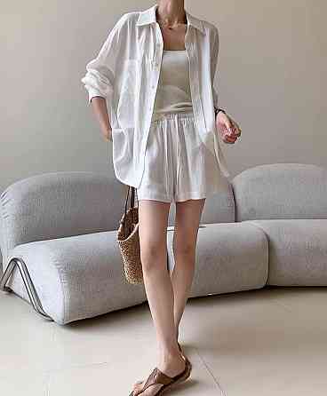 Женский базовый летний костюм двойка: рубашка и шорты креп жатка 46/48, Молочный Одесса