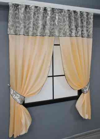 Кухонные шторы VR-Textil № 073к с ламбрекеном и подхватами персиковый с серым 270х170 см (52-0200) Киев