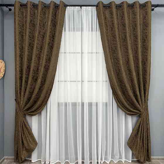 Комплект штор на люверсах VR-Textil Льон мармур Pavliani ХО № 1261ш Коричневий 150х250 см 2 шт (37-0314) Київ