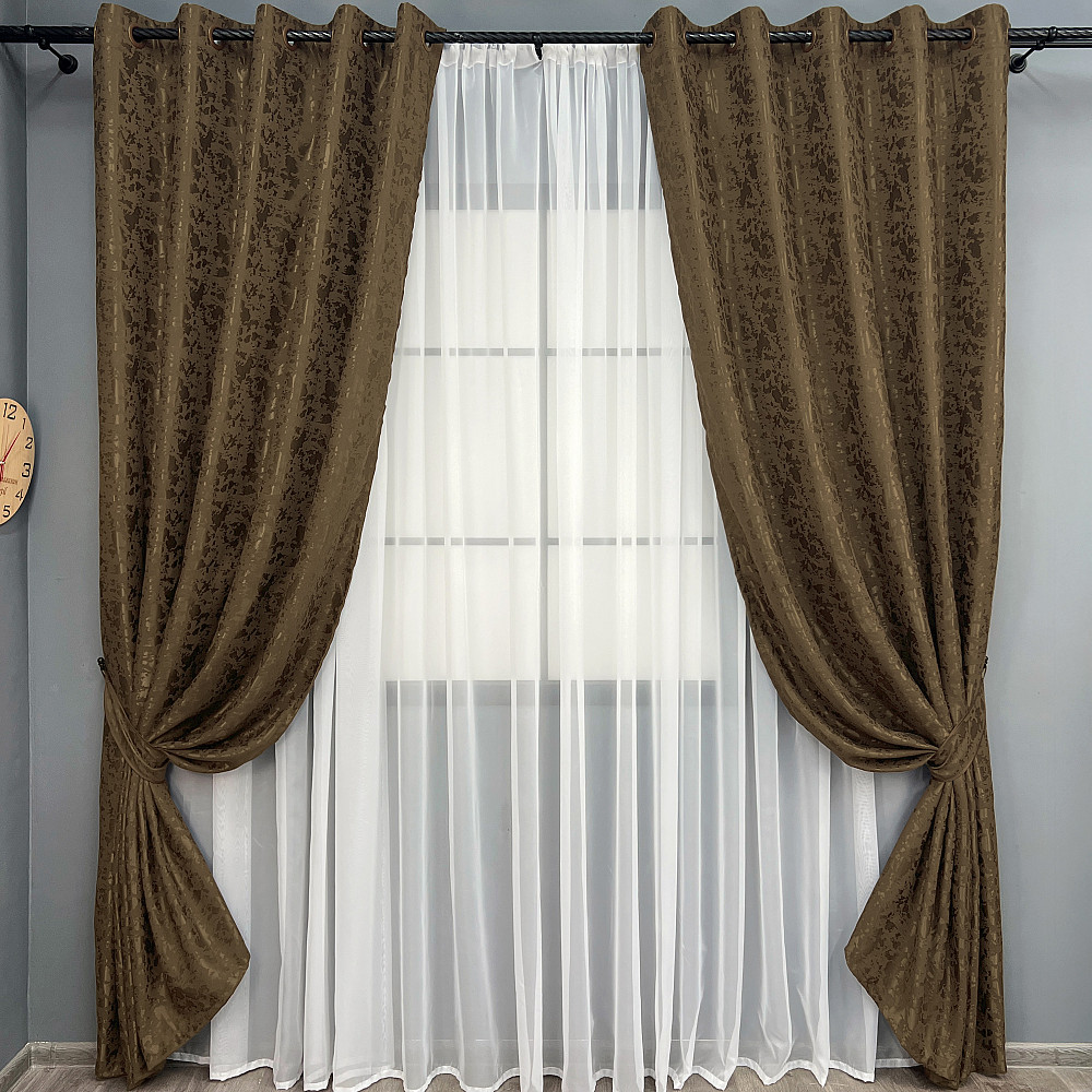 Комплект штор на люверсах VR-Textil Льон мармур Pavliani ХО № 1261ш Коричневий 150х250 см 2 шт (37-0314) Київ - фото 2