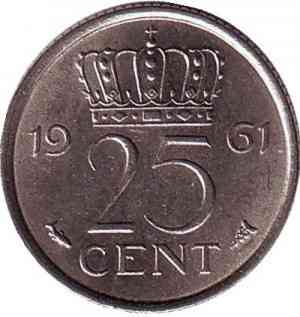 Монета 25 центов. 1961 год, Нидерланды. Полтава