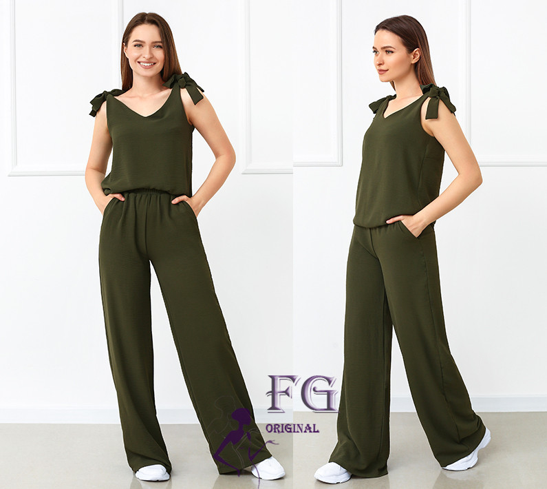 Літній жіночий костюм із широкими штанами "Ясмин" оптом | Норма та батал | Розпродаж моделі Хакі, 42 Київ - фото 1