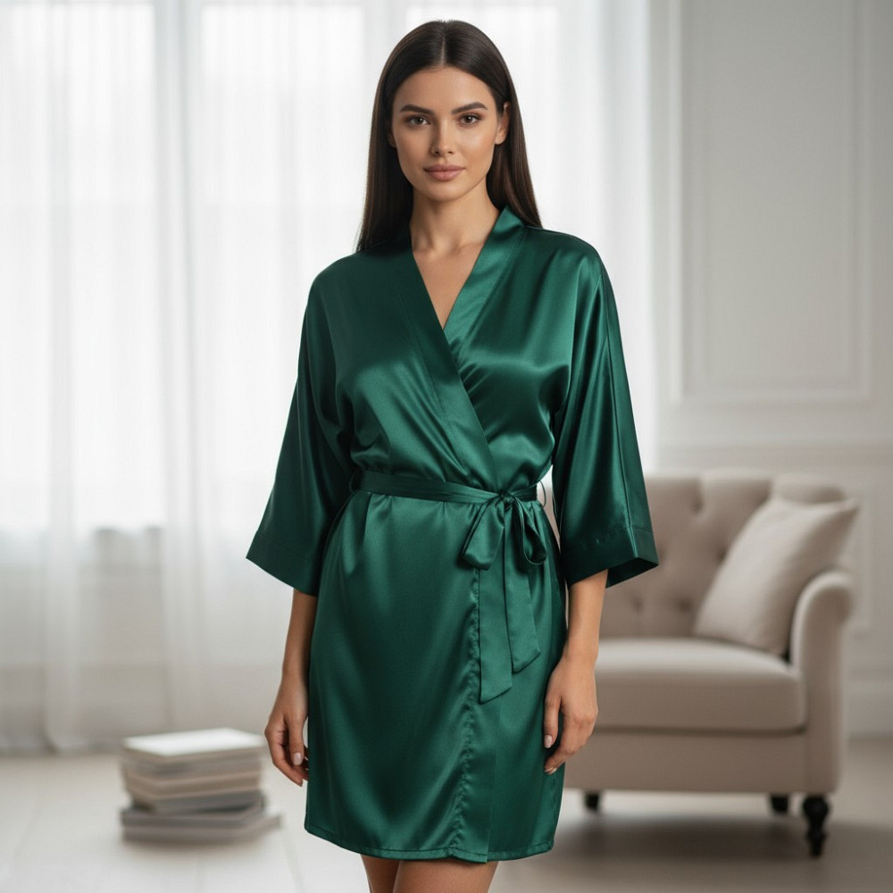 Халат жіночий шовковий під пояс довжина 90см Зелений 3XL/4XL Харків - фото 3