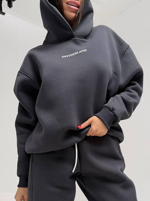 Жіночий стильний спортивний костюм-двійка: худі + штани, тринитка Пен'є на флісі турція Графіт, 46/48 Одеса - фото 3