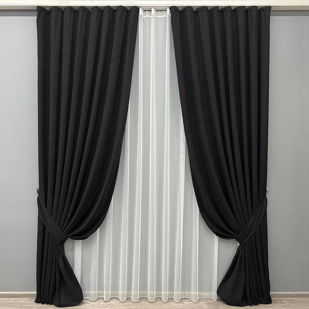 Комплект штор VR-Textil Мікровелюр Petek 100х270 2шт і Тюль 400х270 2017ш-1153т Чорний з білим 71-154/2 Київ - фото 1
