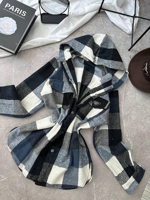 Женская повседневная оверсайз рубашка в клетку с капюшоном турецкий кашемир Джинс, 42/46 Одесса - изображение 4