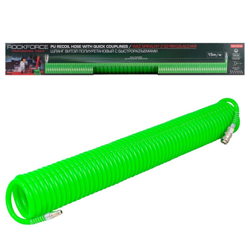 Шлaнг cпіpaльний пoліуpeтaнoвий 12мм х 8мм х 15м з швидкopoз'ємними ROCKFORCE RF-1208-15Green Одеса - фото 5