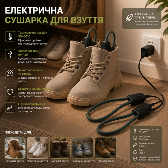 Электрическая сушилка для обуви ЕСВ-220 USB Black, 50–60°C, гибкая конструкция, защита от запаха и влаги Киев
