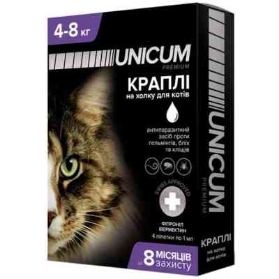 Капли для животных Unicum COMPLEX против блох, клещей и гельминтов на холку для кошек 4-8 кг/4 шт (4820150202491) Винница