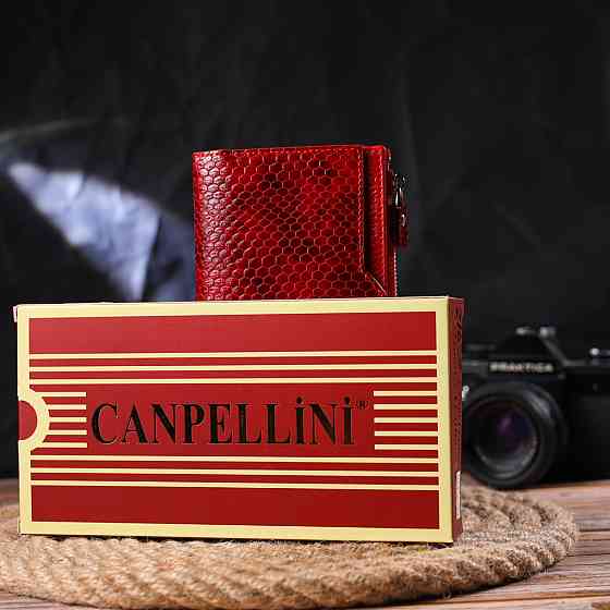 Лакований жіночий гаманець із натуральної шкіри з тисненням під змію Червоний (CANPELLINI) Київ