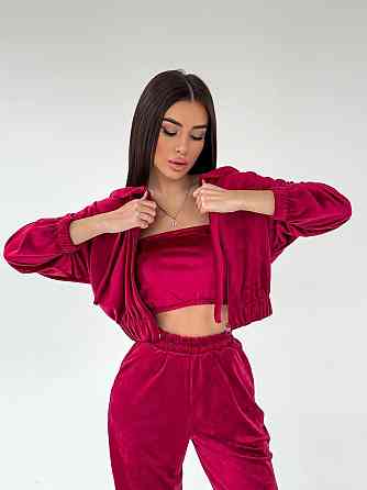 Жіночий плюшевий прогулянковий костюм-трійка: кофта топ і штани велюр плюш Бордо, 42/44 Одеса