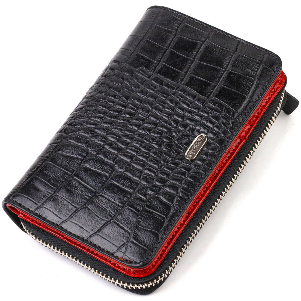 Стильное женское портмоне среднего размера из натуральной кожи с тиснением под крокодила Черное (CANPELLINI) Киев - изображение 5