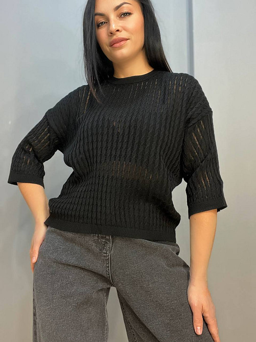 Джемпер женский KARON 10646 полупрозрачный реглан ажурная вязка косичка короткий рукав one size, черный, one size Киев - изображение 10